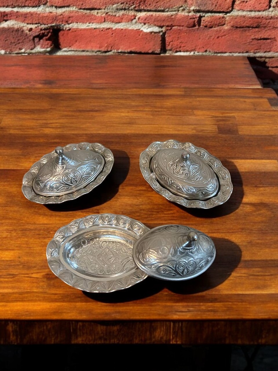 Üçlü Kapaklı Metal Lokumluk/Şekerlik Seti | Otantik Desenler