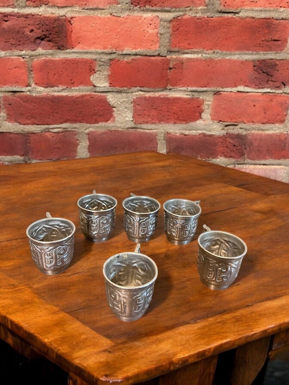 6’lı Desenli Metal Fincan Seti (Kulplu) Antika